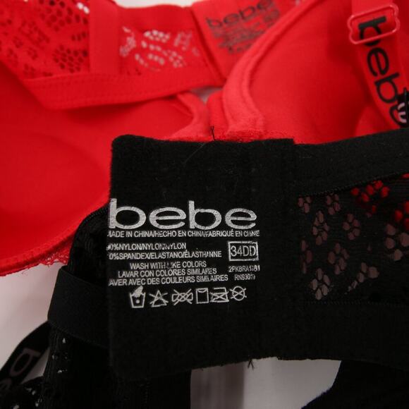 Bebe Bra Black Red Lace Pack of 2 Underwire Gentle Lift Pushup Bra Size 34DD New - Picture 9 of 12